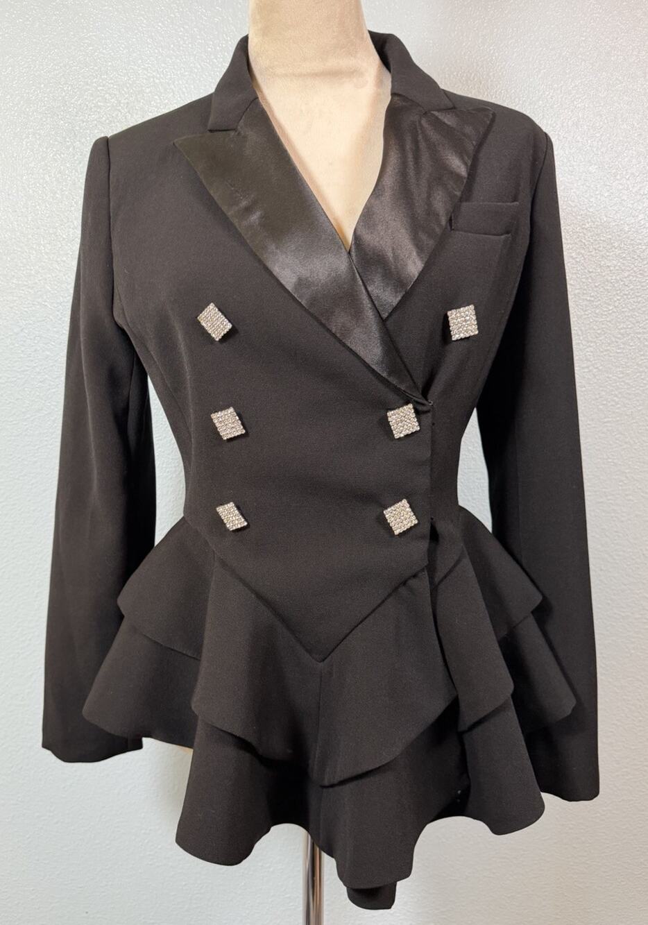 Alessandra Rich Black Crystal Embellished Peplum Blazer IT 40 Satin Lapel